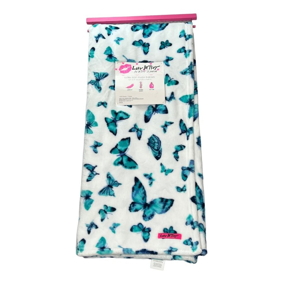 Betsy Johnson Luv Betsy 50"x 60" White Blue Watercolor Butterfly Fleece Throw